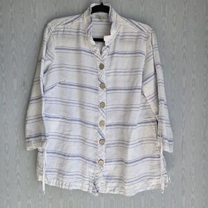 John Mark Womens Medium Shirt 100% Linen Striped White Peplum Nautical Lagenlook